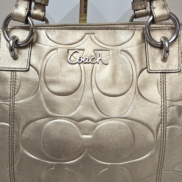 Coach Gold Embossed Signature Leather Tote Bag | Metallic Shoulder Bag - Picture 2 of 10
